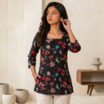 Black Floral Square Neck Top