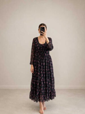 Black Floral Tie-Front Maxi Dress