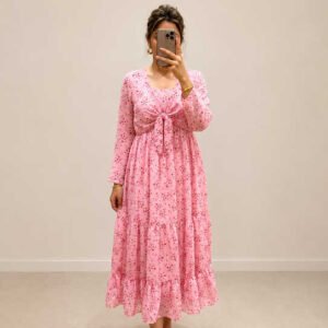 Pink Floral Tie-Front Maxi Dress