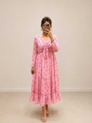 Pink Floral Tie-Front Maxi Dress