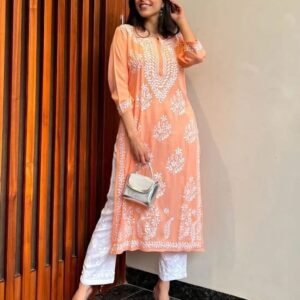 Peach Embroidered Cotton Kurta