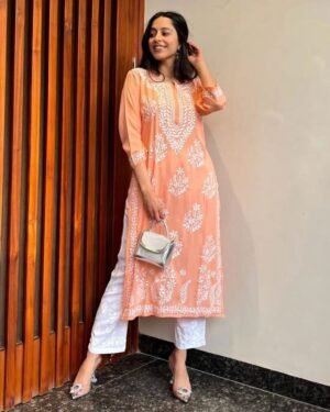 Peach Embroidered Cotton Kurta