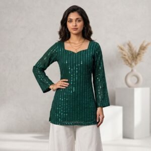 Women's Emerald Green Sequin Straight Kurti