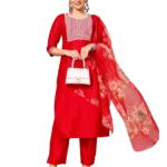 Women's Red Embroidered Straight Salwar Suit Set