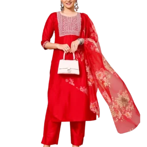 Women's Red Embroidered Straight Salwar Suit Set