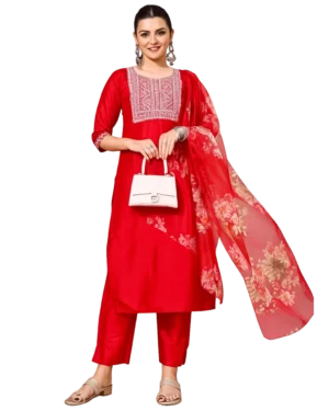 Women's Red Embroidered Straight Salwar Suit Set