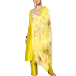 Lime Yellow Straight Salwar Suit  with Floral Organza Dupatta