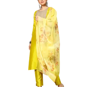 Lime Yellow Straight Salwar Suit  with Floral Organza Dupatta