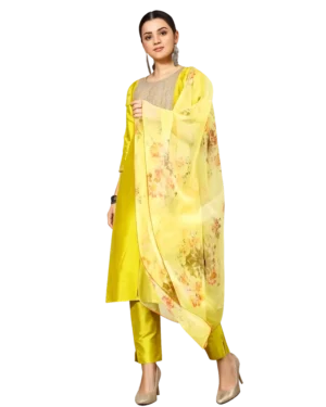 Lime Yellow Straight Salwar Suit  with Floral Organza Dupatta